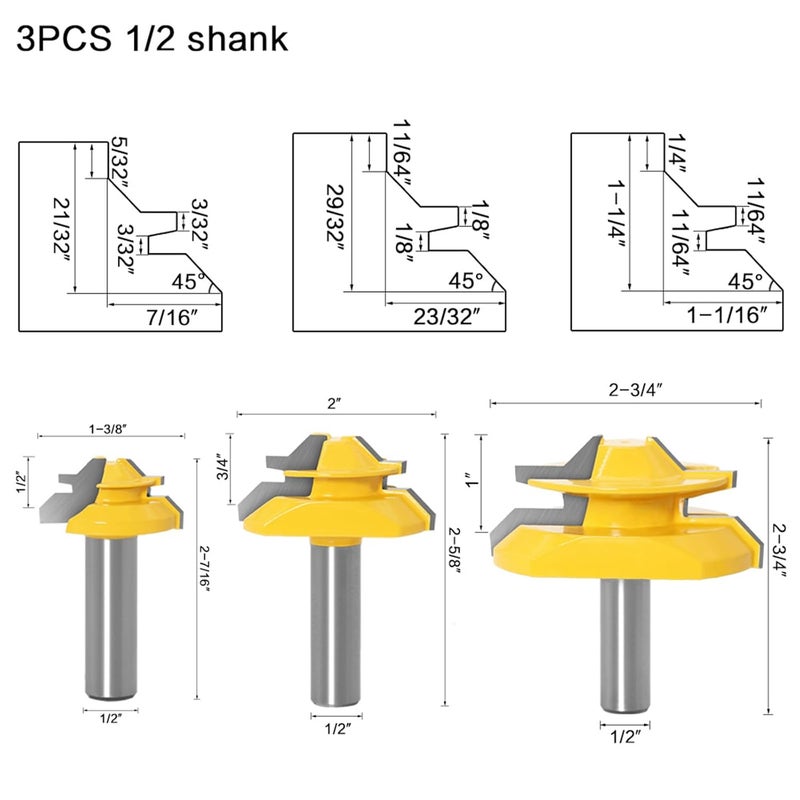 YHSITFNG 1/2 Inch Shank 45 Degree Lock Miter Router Bit, Easy to Create Lock Miter Joint, with Center Punch and Sander Paper for Woodworking (1/2 inch Shank, 1/2”, 3/4”, 1” Cutting Height) - Image 2